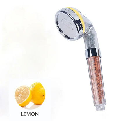 Clear shower head with chrome accents and orange beads inside transparent body for DecorBites aroma shower high pressure filtration