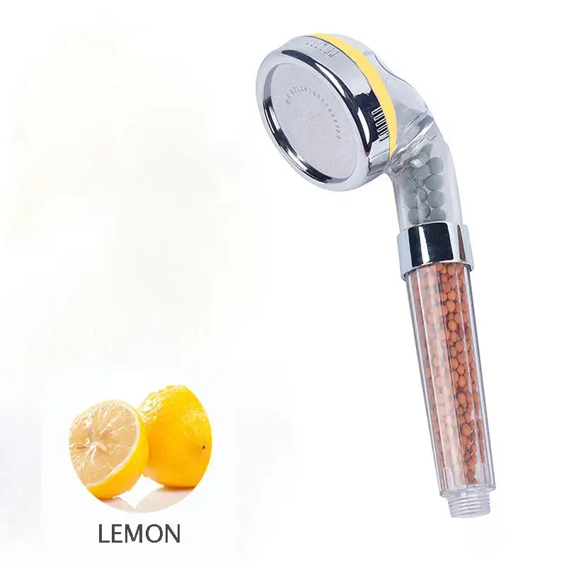Clear shower head with chrome accents and orange beads inside transparent body for DecorBites aroma shower high pressure filtration