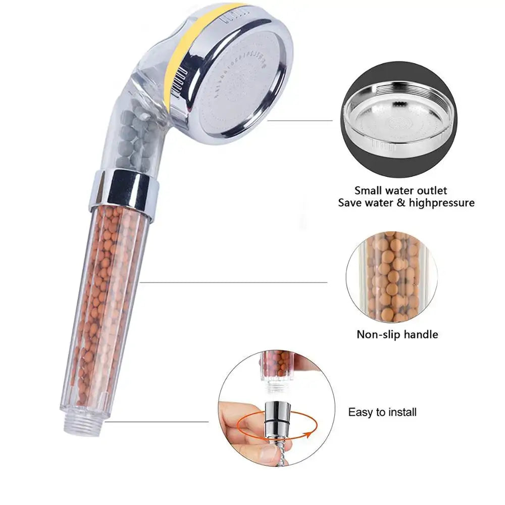 Clear plastic decorbites aroma shower head with chrome nozzle yellow band and orange filtration beads for high pressure use