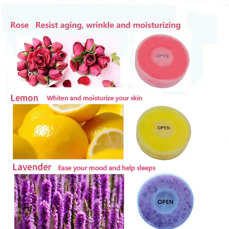 Pink yellow and purple circular soap bars with open printed on top for decorbites aroma shower head vitamin lemon lavender rose scent