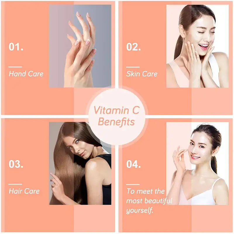 Infographic showing vitamin c benefits for hand care skin care hair care in decorbites aroma shower head vitamin lemon lavender rose scent
