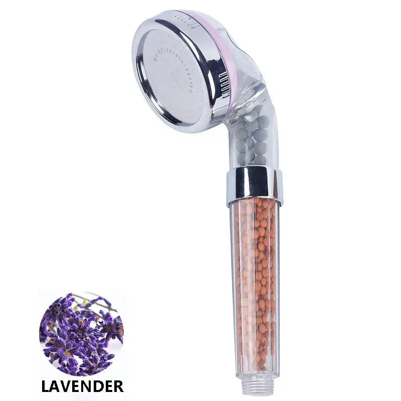 Clear decorbites aroma shower head with chrome accents and lavender scented filter beads for high pressure filtration