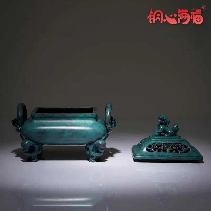 Green patina bronze aromatherapy brass incense stove with lion handles and ornate carved lid for home decorbites aromatherapy brass use