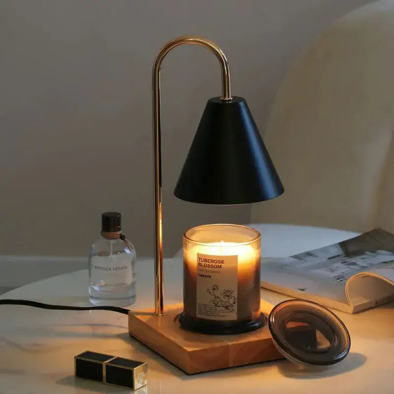 Black conical decorbites aromatherapy melting lamp with gold-toned metal stand and wooden base for candle warming