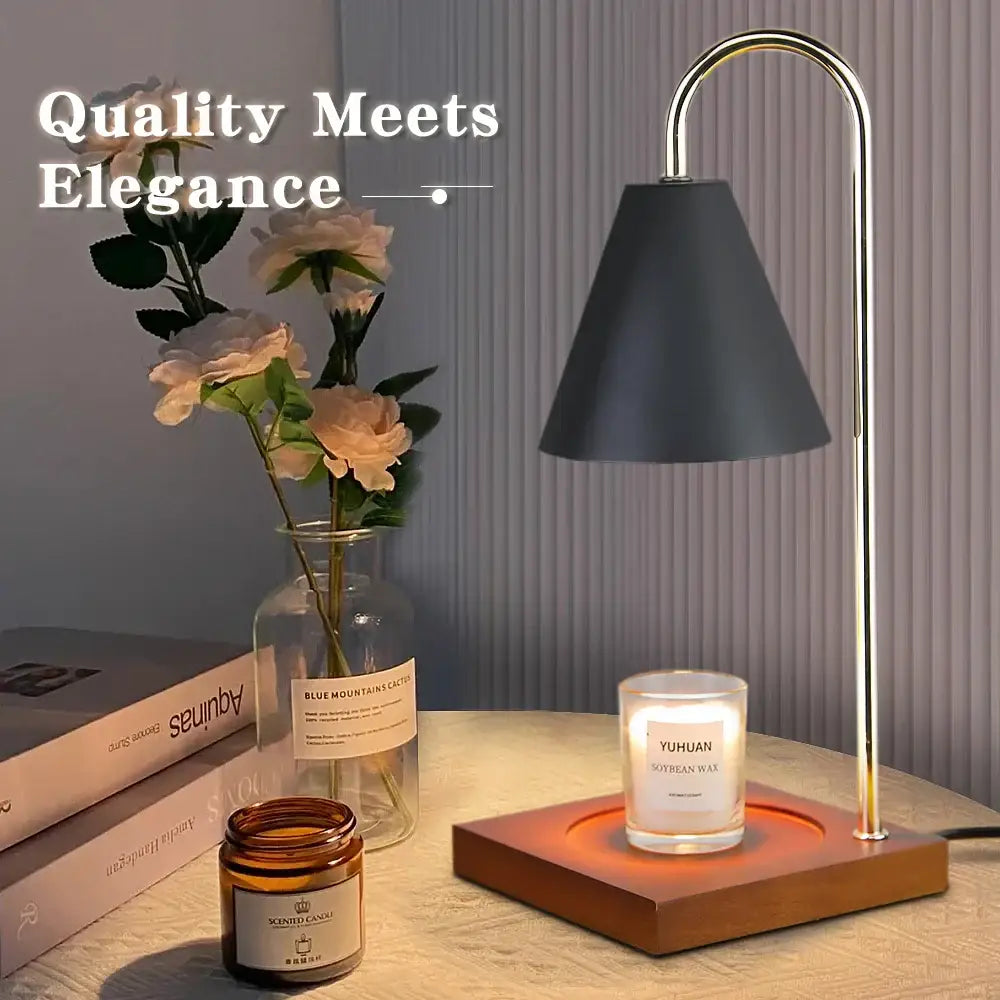 Modern gold-toned metal decorbites aromatherapy melting lamp with matte black shade and wooden base for elegant table lighting
