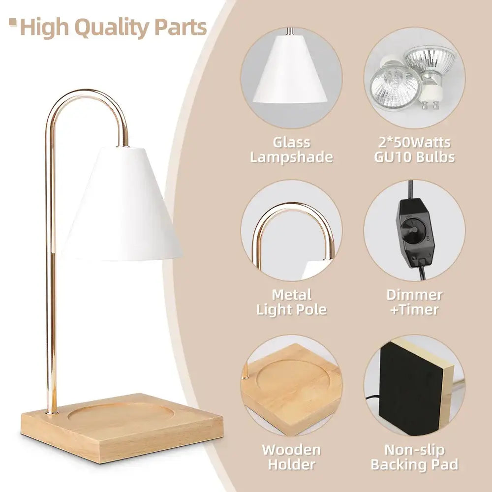 A modern decorbites aromatherapy melting lamp with a sleek gold metal pole white glass shade and natural wood base