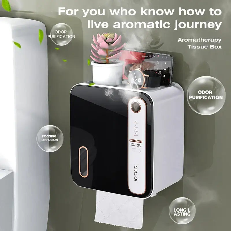 Decorbites™ aromatherapy toilet tissue box holder in black and white with rose gold accents and modern design