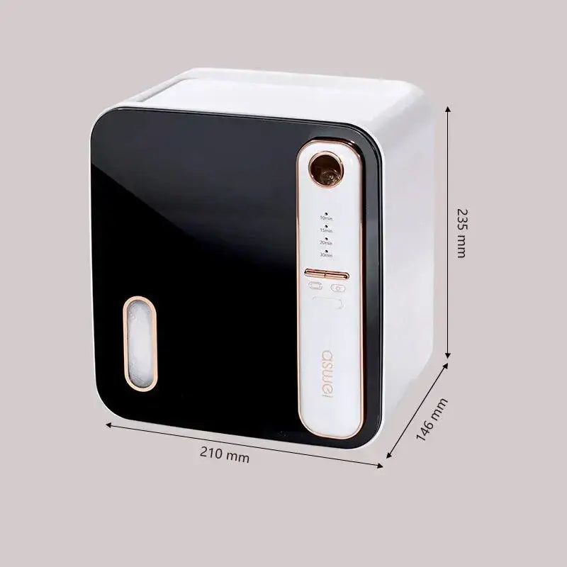 Black and white DecorBites aromatherapy toilet tissue box holder with rose gold vertical control panel labeled osmel