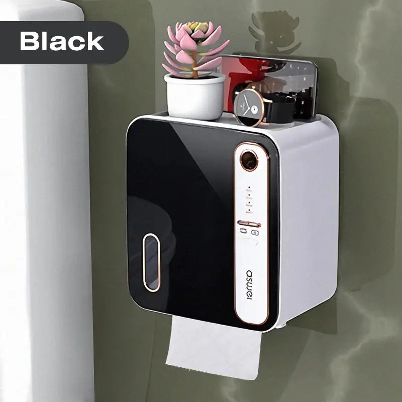 Black and white wall-mounted toilet tissue box holder with glossy finish and rose gold accents by DecorBites aromatherapy
