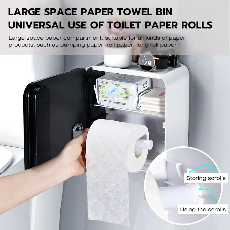 White plastic DecorBites aromatherapy toilet tissue box holder with black door and shelf storage compartments