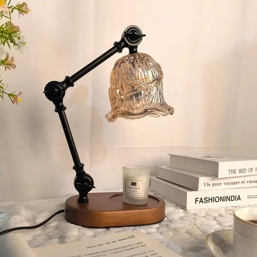 DecorBites™ amber glass wax melting lamp with black metal arm and etched patterns for aromatherapy ambiance