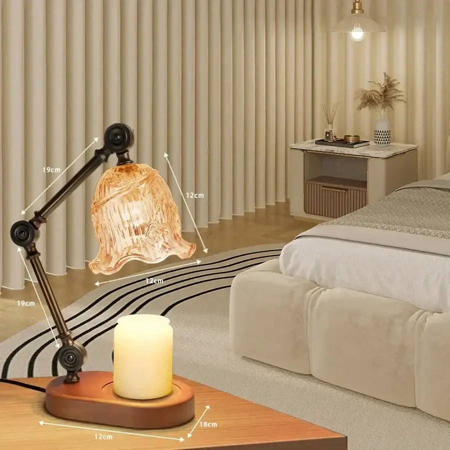 Decorbites™ aromatherapy warm amber glass wax melting lamp with brass arm and wooden base for bedside use