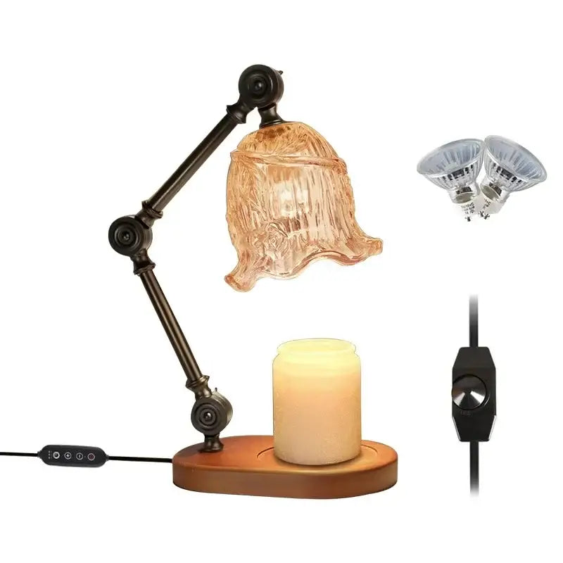Decorbites™ aromatherapy wax melting lamp with antique bronze adjustable arm, amber glass shade, wooden base, and faux candle