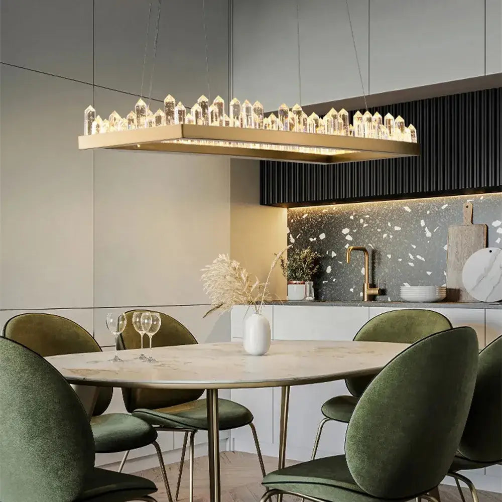 DecorBites arrow crystal modern rectangular chandelier with gold frame and clear crystal led pendants for living spaces