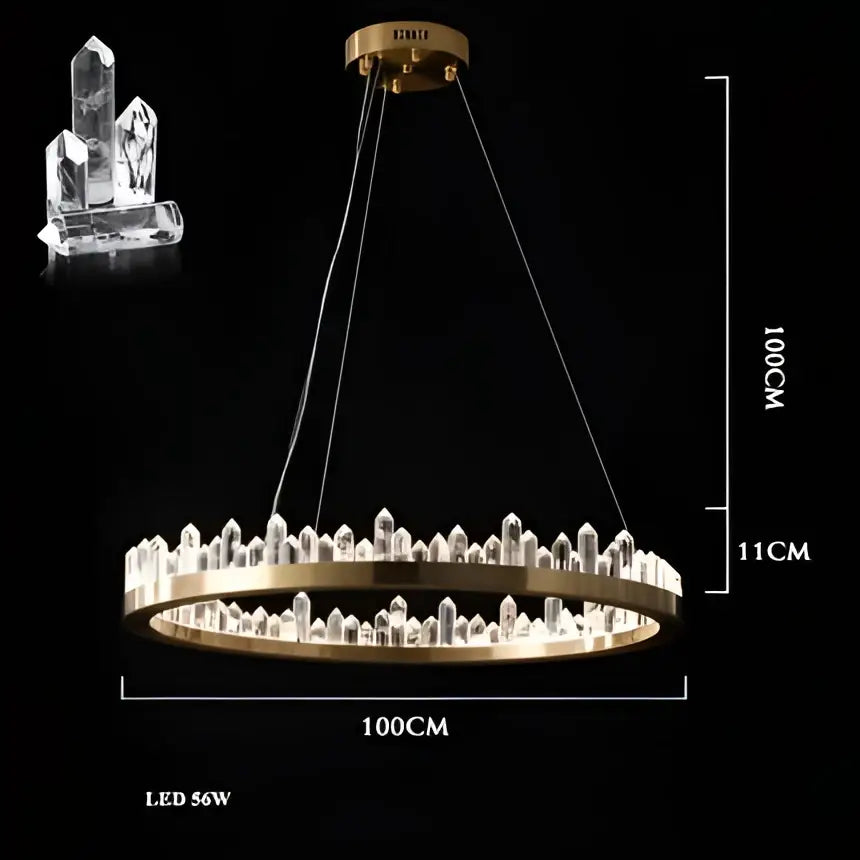 A modern decorbites arrow crystal led chandelier with gold metal frame and clear faceted crystals for living spaces