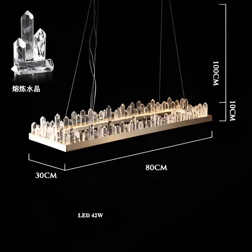 A modern decorbites arrow crystal led chandelier with clear prisms on a sleek rectangular base for living spaces