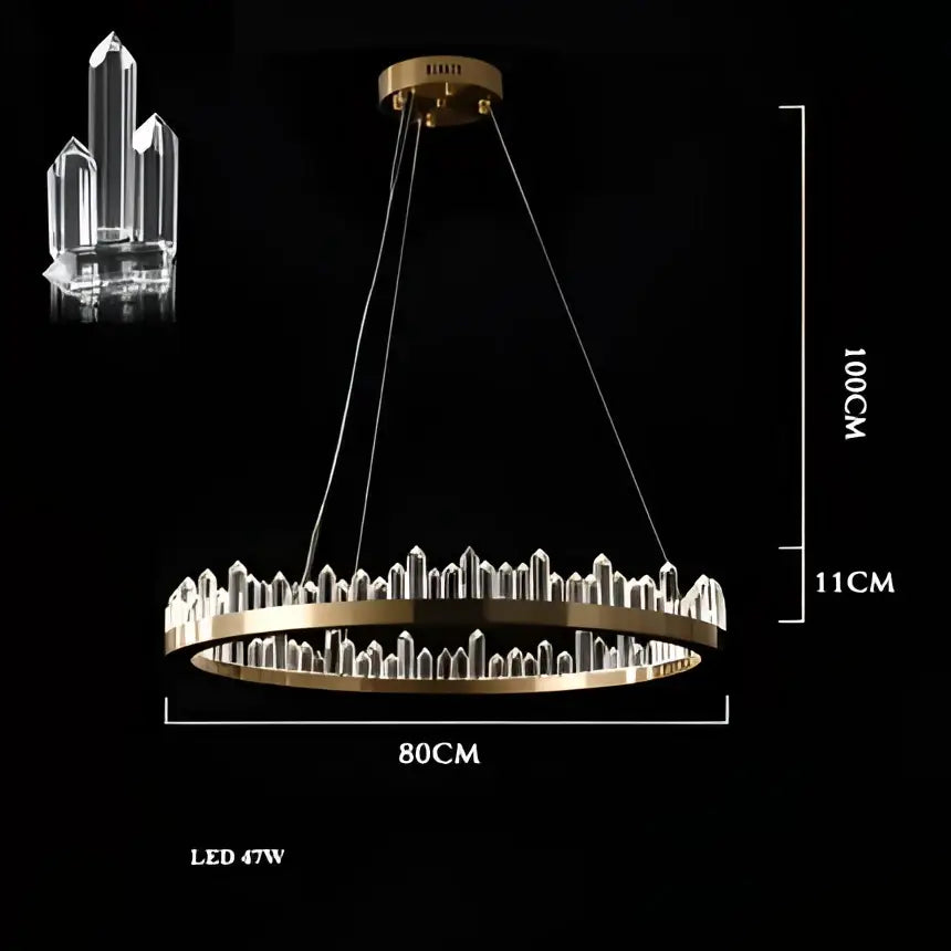 Gold-toned decorbites arrow crystal led chandelier with clear crystal spikes suspended by black cords for modern interiors