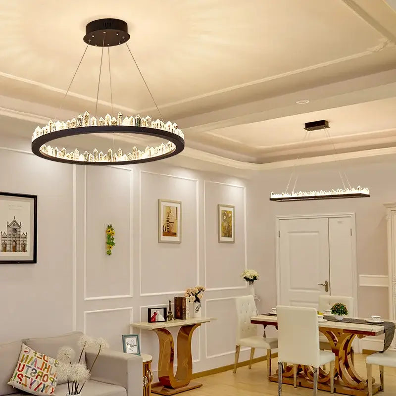 DecorBites arrow crystal black circular LED chandelier with crystal accents for modern living and dining spaces