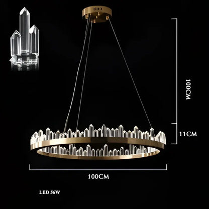 Decorbites arrow crystal led chandelier with gold-toned circular design and clear crystal prisms for modern home lighting