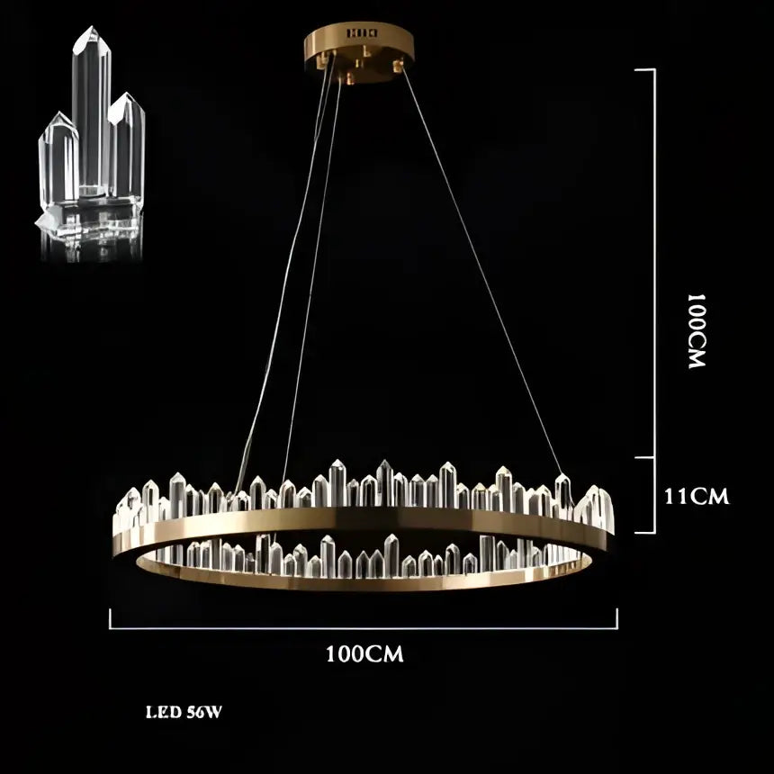 Decorbites arrow crystal led chandelier with gold-toned circular design and clear crystal prisms for modern home lighting