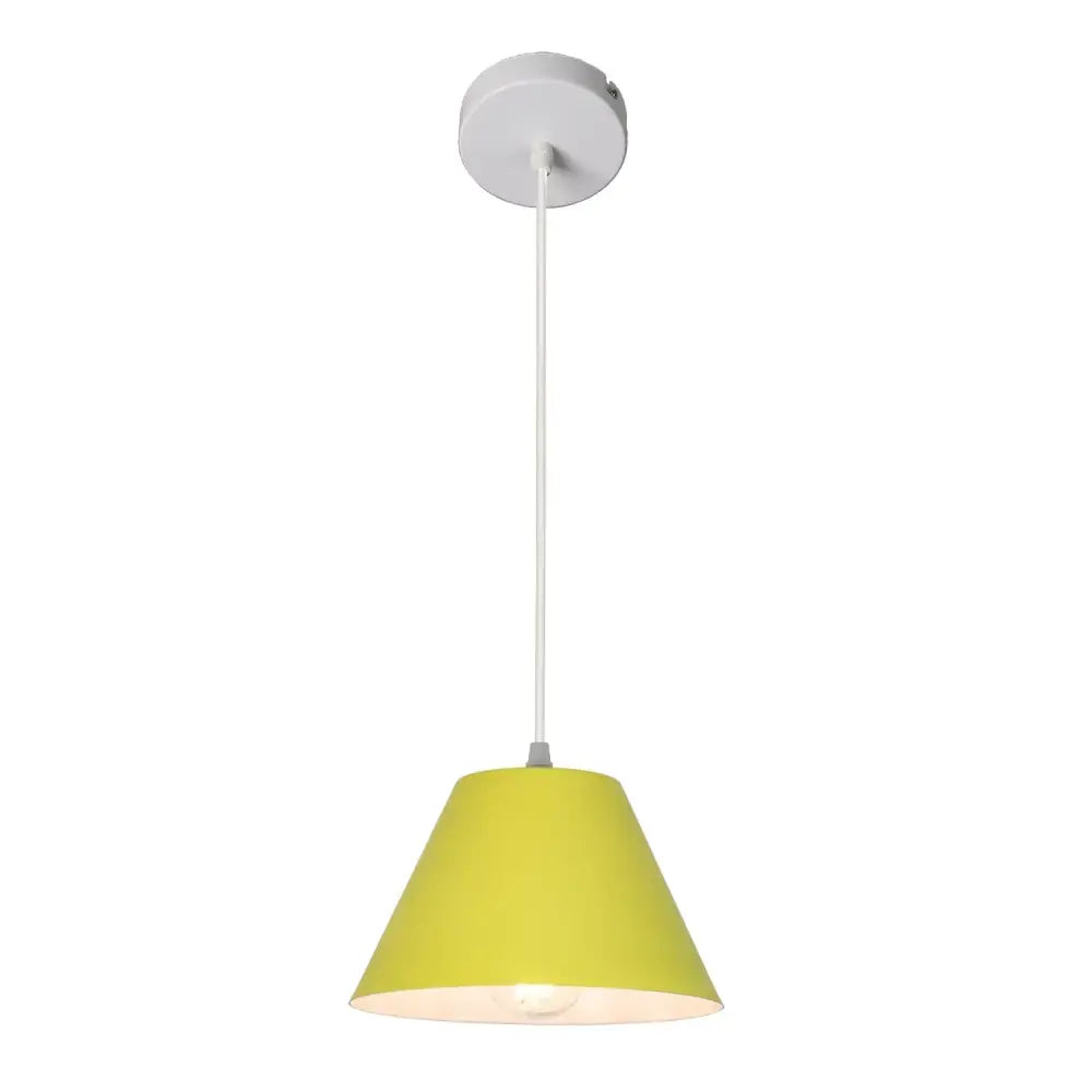 A modern decorbites art colorful pendant lamp with a vibrant lime green conical shade and white ceiling mount