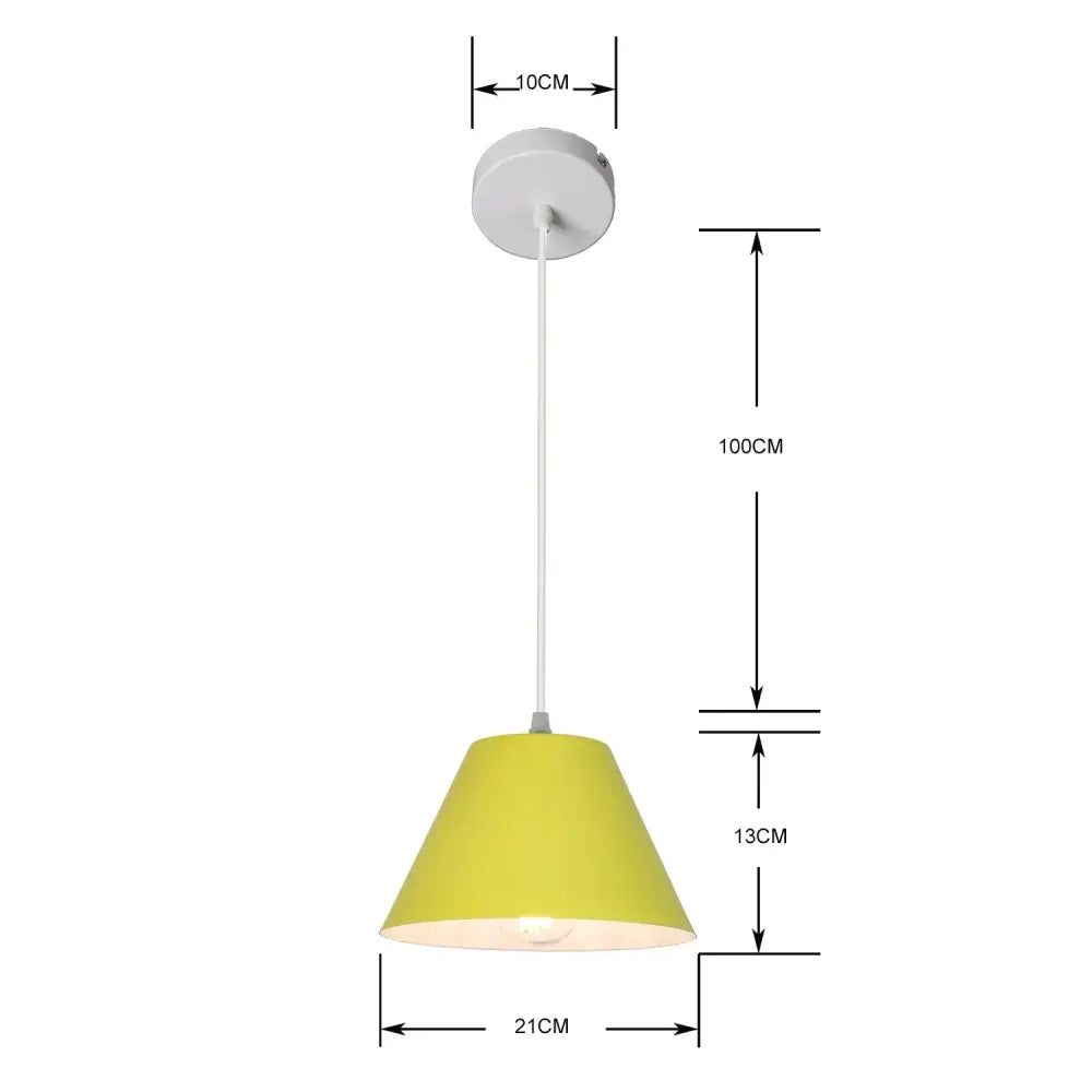 A modern pendant lamp with a vibrant yellow conical shade and white ceiling mount by DecorBites Art Colorful