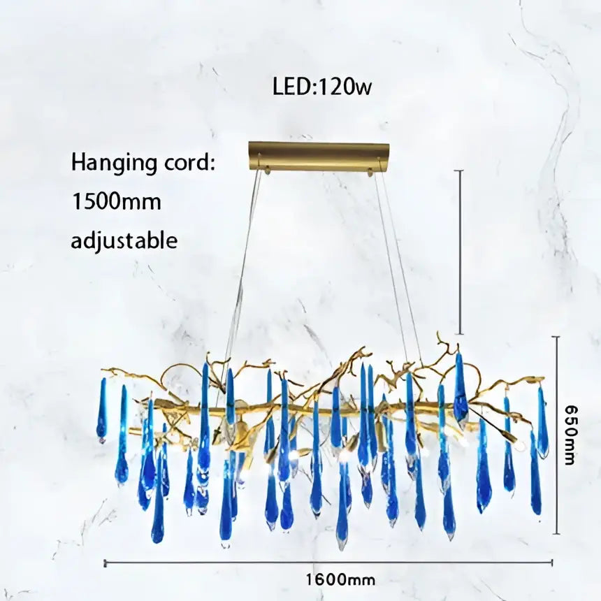 Blue crystal chandelier with gold-toned metal branches and brass mount by decorbites art deco blue queen collection