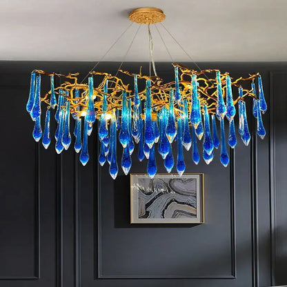 Decorbites art deco blue queen crystal chandelier with golden branch arms and teardrop crystals for living room