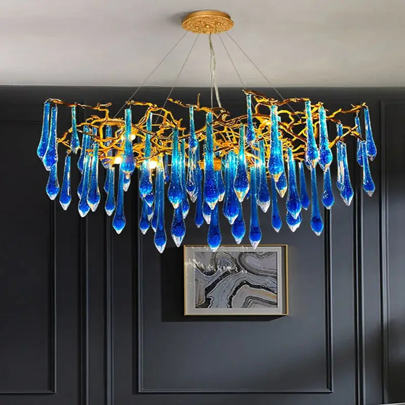 Decorbites art deco blue queen crystal chandelier with golden branch arms and teardrop crystals for living room