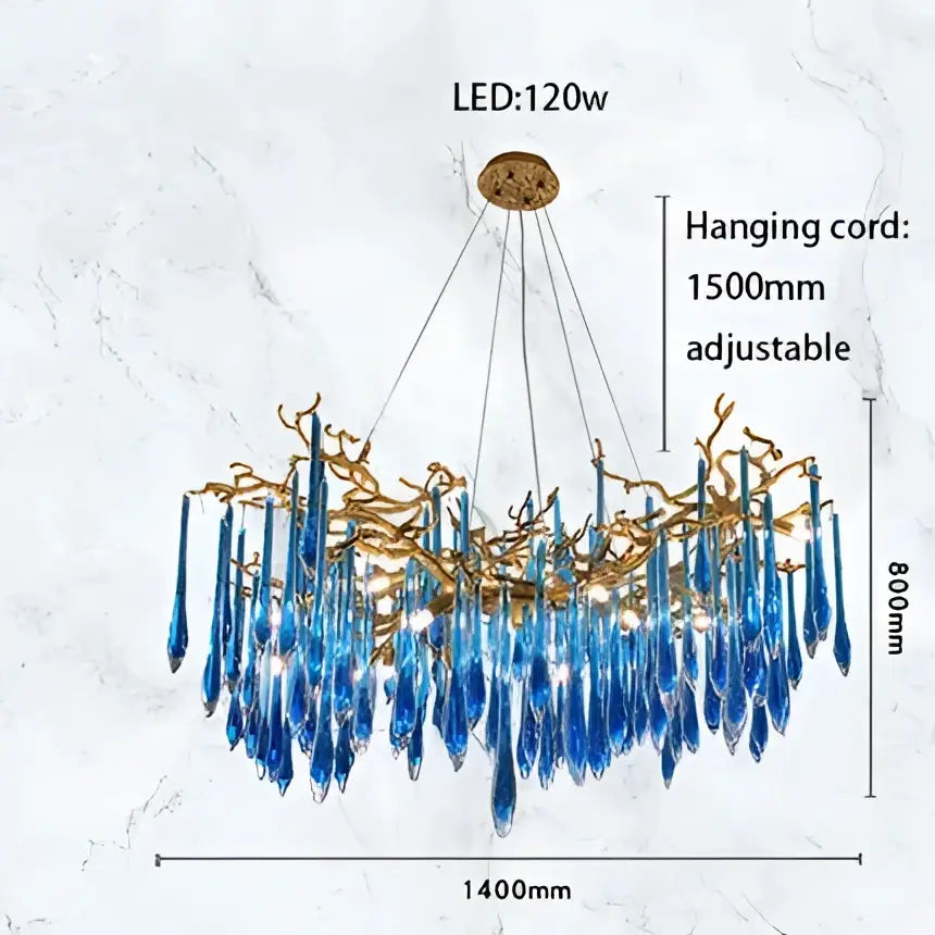 DecorBites art deco blue queen crystal chandelier with blue glass and golden branch-like metal frame for living room