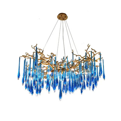 Decorbites art deco blue queen crystal chandelier with golden branch frame and teardrop crystals for living room