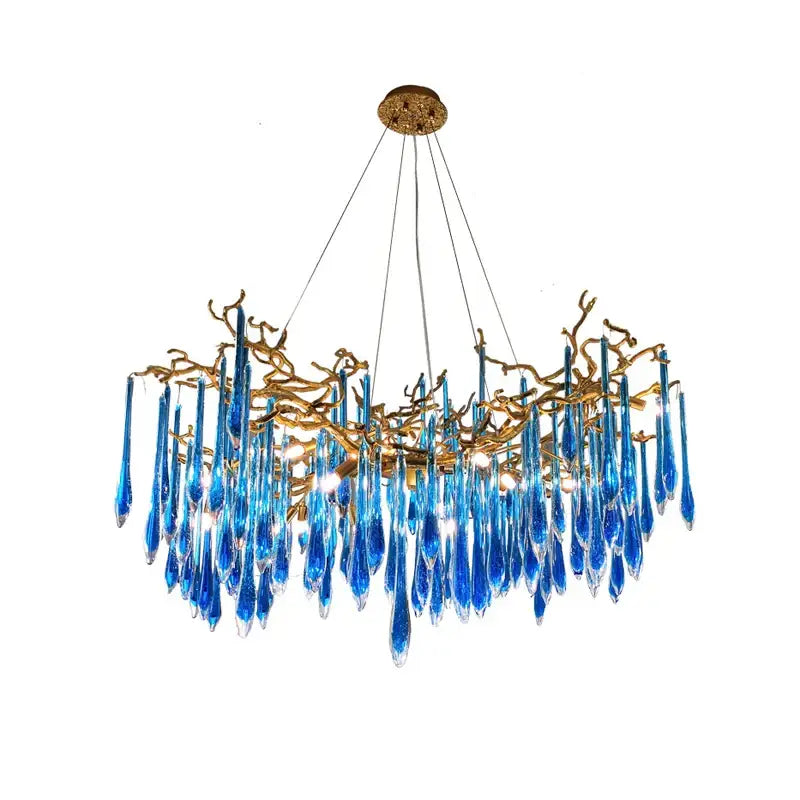Decorbites art deco blue queen crystal chandelier with golden branch frame and teardrop crystals for living room