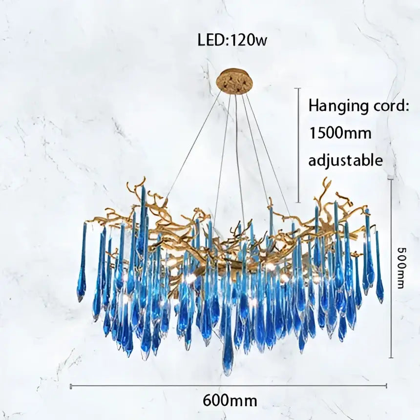 Decorbites Art Deco blue queen crystal chandelier with golden branching arms and 120w LED light for living room
