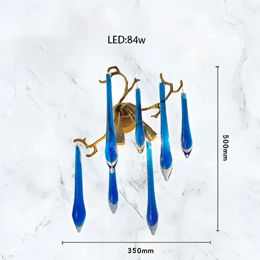 DecorBites art deco blue queen crystal chandelier with blue glass pendant and gold-toned branching arms for living room