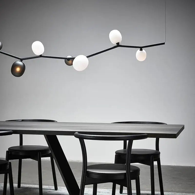 Modern black metal decorbites art deco branches chandelier with spherical white and dark glass globe lights and adjustable height