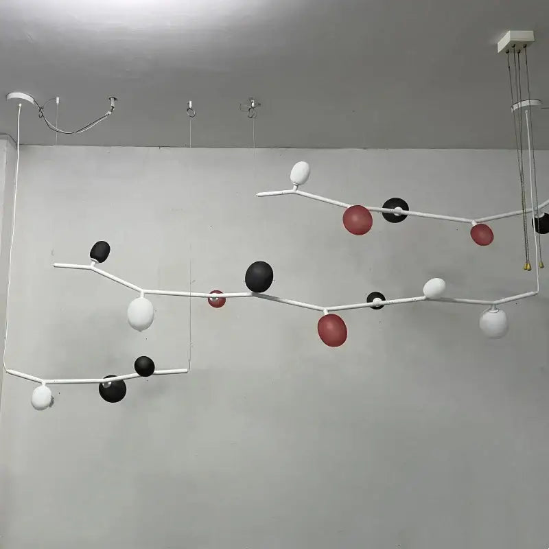 Modern abstract decorbites art deco branches chandelier with white black red glass spheres and adjustable black frame