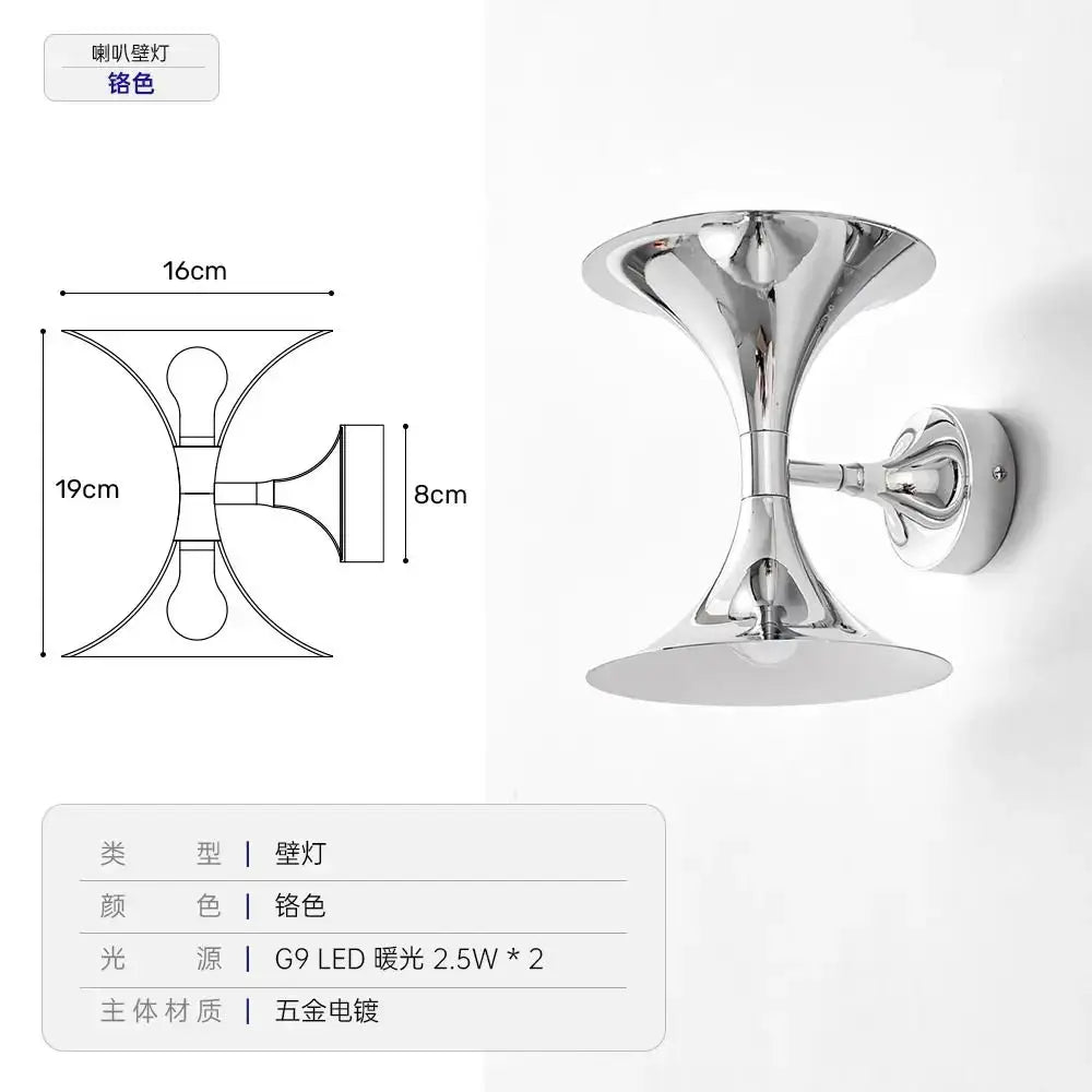 Chrome-finished trumpet-shaped wall lights with sleek modern design from DecorBites™ art deco horn wall lights for indoor use