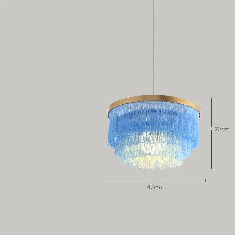 Blue tiered chandelier with gold-toned circular frame and cascading translucent fringes by decorbites art deco