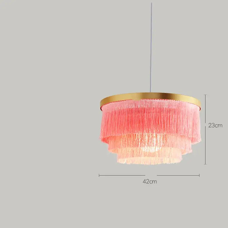 Decorbites art deco tiered chandelier with pink cotton thread fringe and gold-toned circular frame in black gold finishing