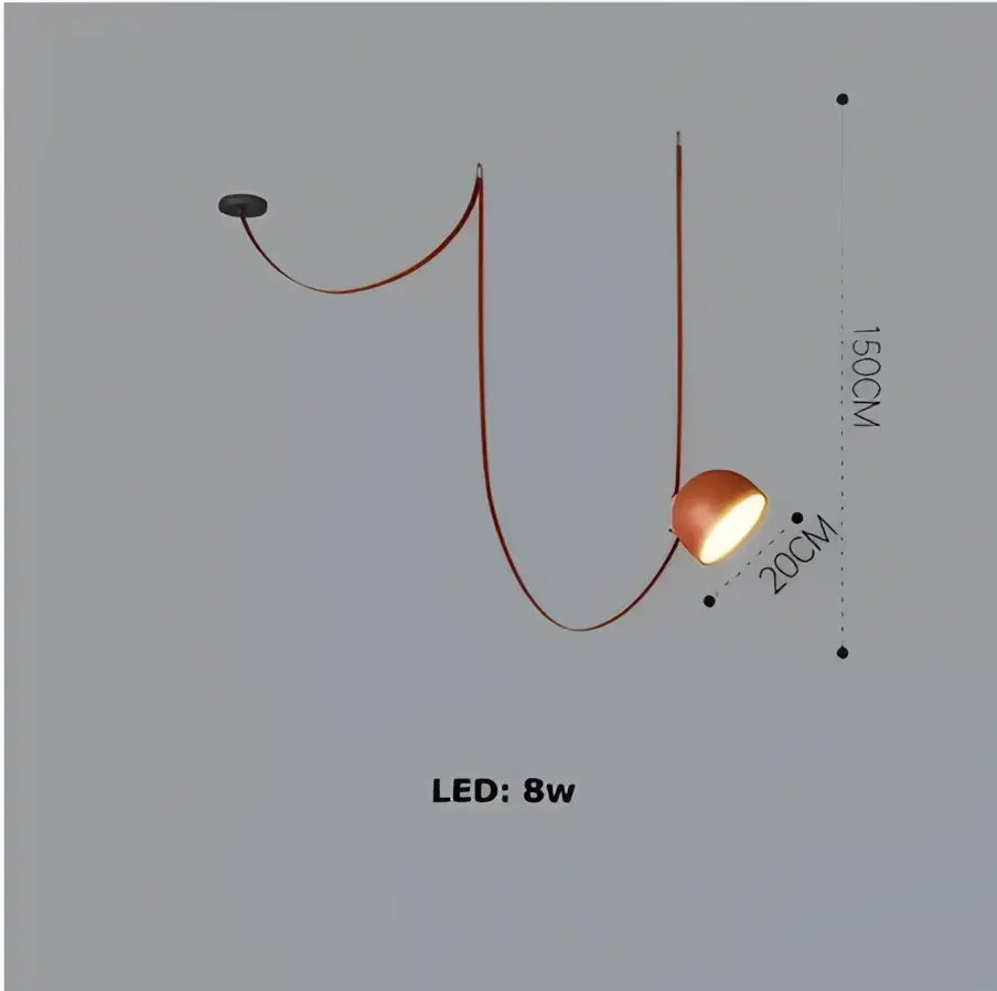 A modern copper-toned cross belt hanging lamp with orange lustre and an illuminated dome for living room use