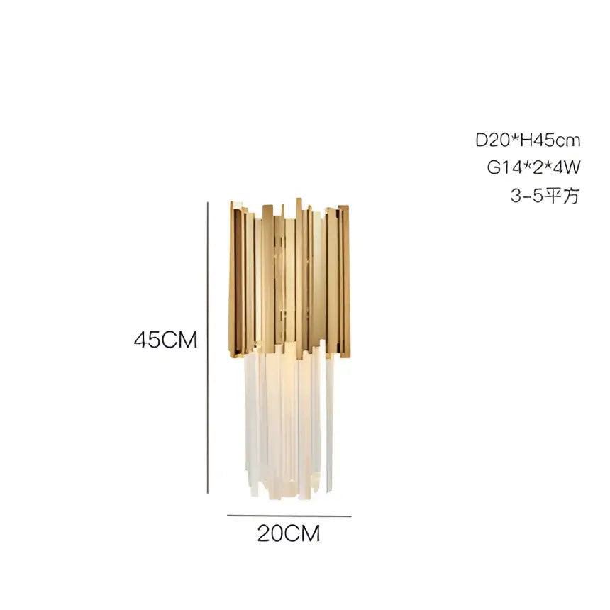 Gold-toned decorbites art deco wall sconce with slender vertical bars and translucent glass shades in deco crystal led style