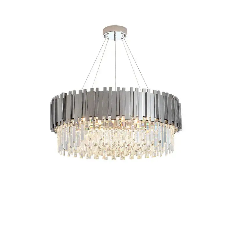 Modern chrome and crystal decorbites art deco chandelier with polished metal bars and cascading faceted crystals
