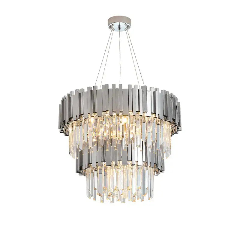 Chrome finished decorbites art deco chandelier with cascading tiers of polished metal bars and clear art deco crystal prisms
