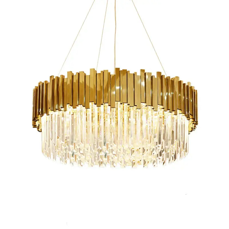 Decorbites art deco crystal led chandelier with gold-toned polished brass frame and cascading clear crystal prisms