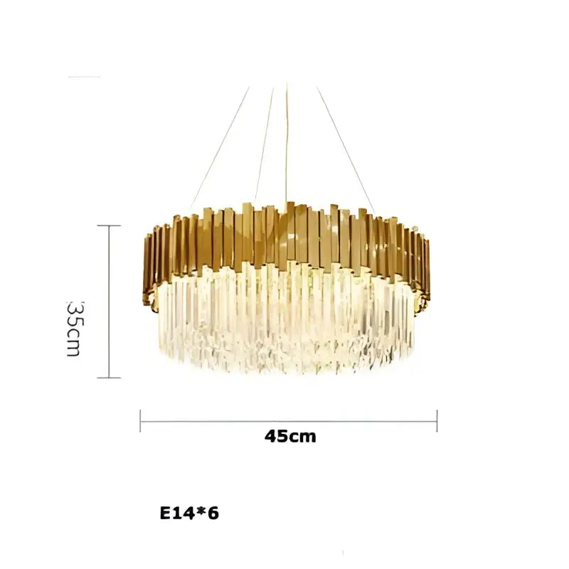 Gold-toned decorbites art deco crystal led chandelier with cascading crystal droplets and modern circular design