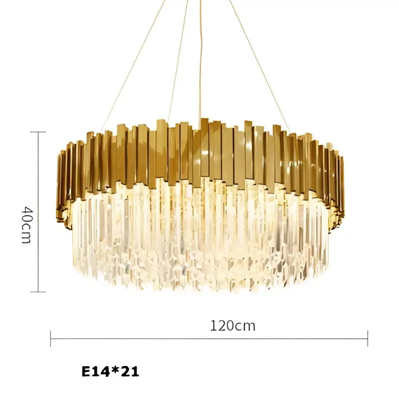Gold-toned decorbites art deco crystal led chandelier with circular frame and cascading crystal droplets in 4 tier design