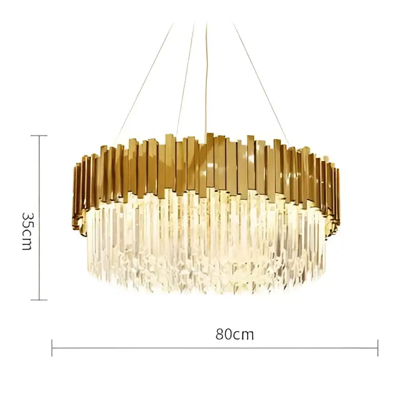 Gold-toned decorbites art deco crystal led chandelier with circular frame and cascading crystal prisms in 4 tier design
