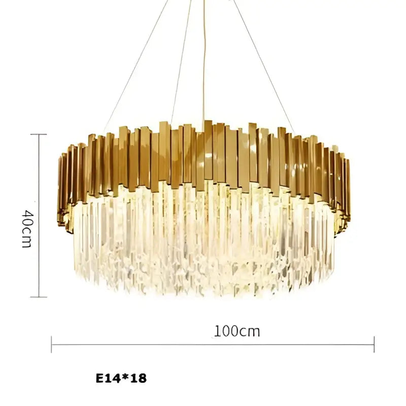 Gold-toned decorbites art deco crystal led chandelier with circular frame and cascading crystal droplets in four tiers