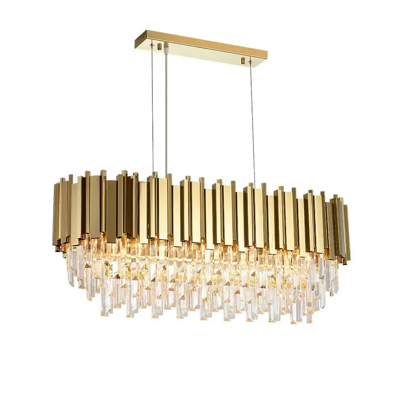 Gold-toned decorbites art deco crystal chandelier with vertical metallic bars and cascading clear deco crystal led prisms