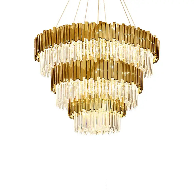 Decorbites art deco crystal led chandelier with cascading gold metal rods and clear prisms four tier designer lighting